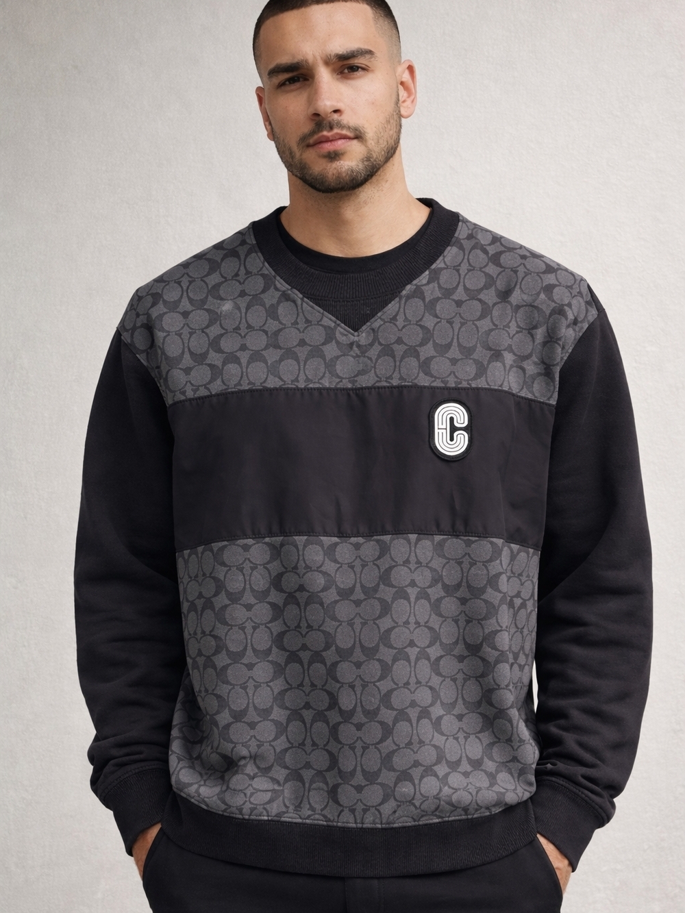 COACH MEN'S GRAY BLACK MIXED MEDIA ALL OVER LOGO SWEATSHIRT SIZE L